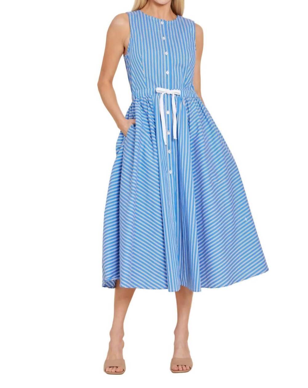 NEW DOLCE CABO poplin drawstring and bow back midi dress in blue